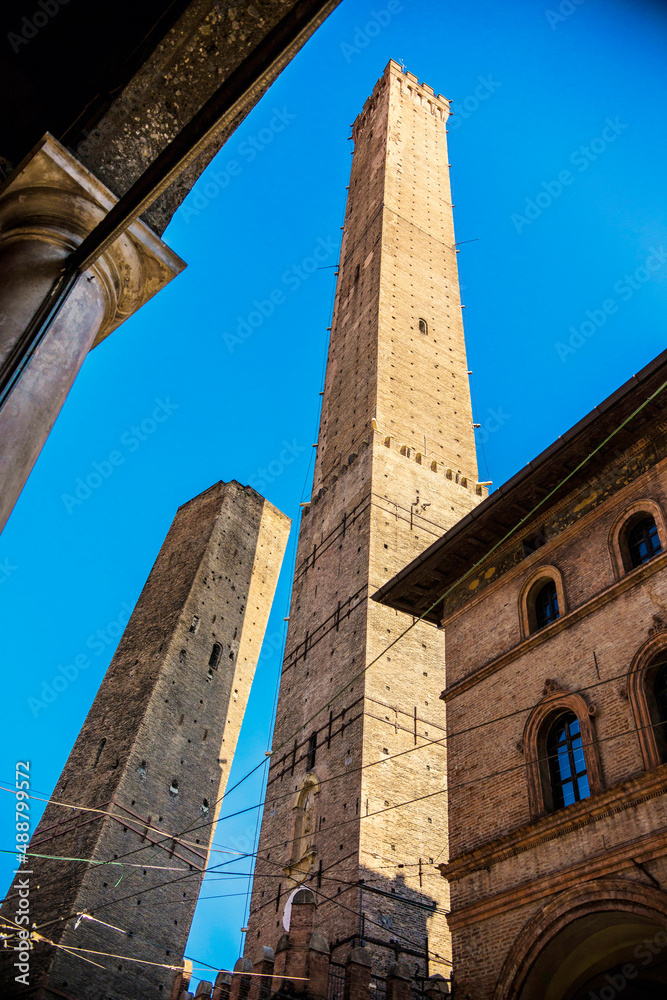 View of two towers of Bologna (Le due Torri) Tower Asinelli  and Tower Garisenda in Old Bologna town, Italy