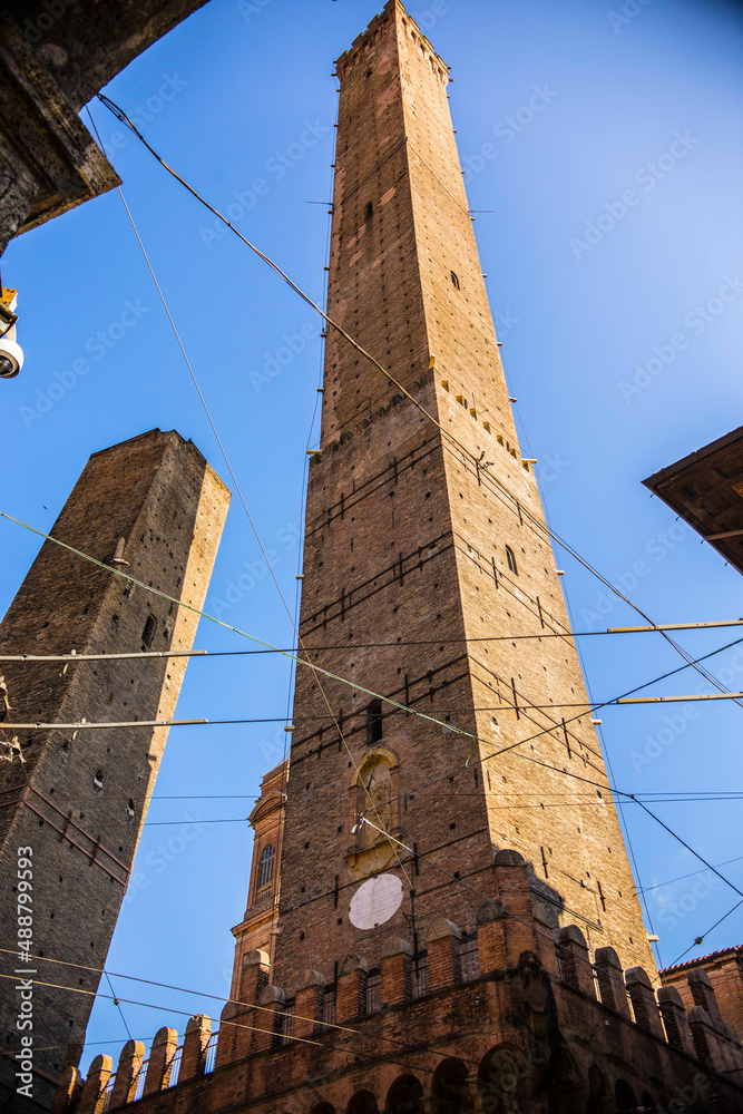 View of two towers of Bologna (Le due Torri) Tower Asinelli  and Tower Garisenda in Old Bologna town, Italy