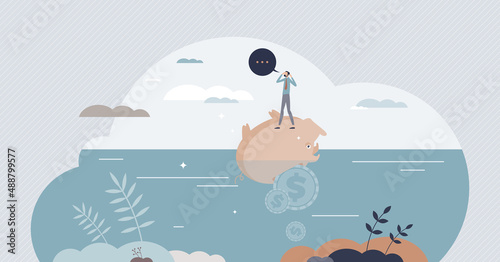 Sunk cost fallacy as invested business resource evaluation tiny person concept. Accounting analysis for financial sinking company and bankruptcy problems vector illustration. Budget expenses failure.