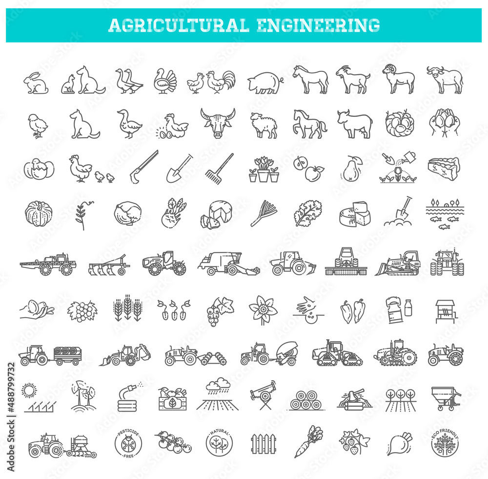 Agricultural and farming machines vector icons set. seeding
