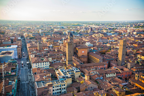 Aerial view of Bologna old town  tile roofs of bologna. Bologna view from the tower  Italy