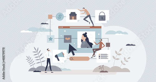 Marketing objectives as key points in advertising process tiny person concept. Company defined goals and strategical milestones for product launch and process flow monitoring vector illustration.