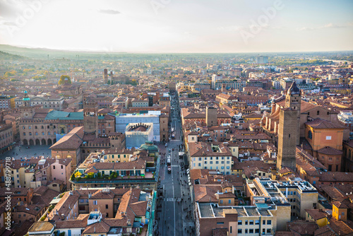 Aerial view of Bologna old town, tile roofs of bologna. Bologna view from the tower, Italy © Natalia
