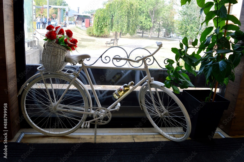 an old white bicycle with flowers in the window