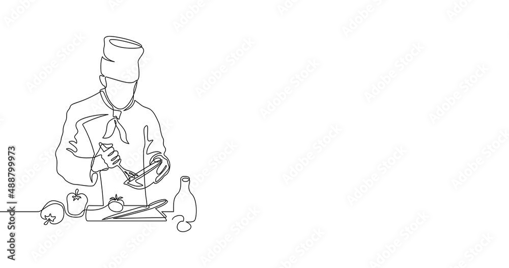 Animation of an image drawn with a continuous line. The chef is preparing food. Animation of an image drawn with a continuous line. The chef is preparing food.
