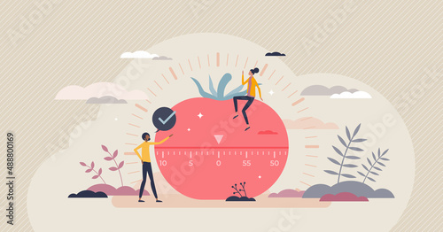 Pomodoro technique as effective time management system tiny person concept. Efficient and productive task time division with intensive working or learning and relaxation breaks vector illustration.