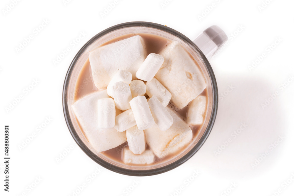Mug with hot cocoa and marshmallow drink on a white insulated background. Top view. Mug with hot cocoa and marshmallow drink on a white insulated background. Top view.