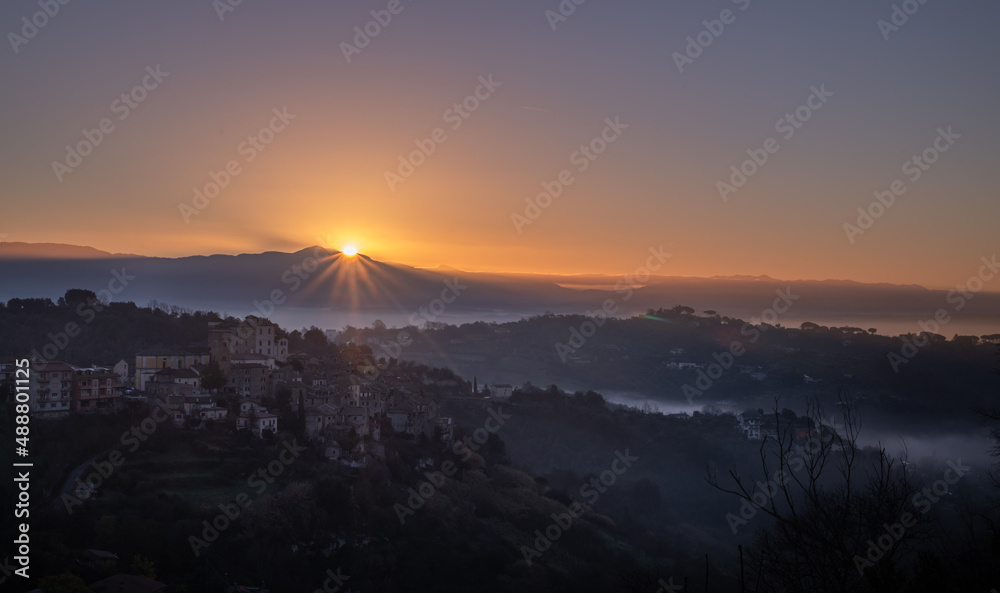 Sun rising over the Roman countryside, Italy