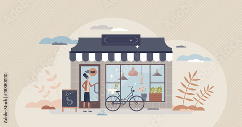 Small business and local store with boutique storefront tiny person concept. Open grocery or cafe place with happy customer vector illustration. Shop front exterior view with family restaurant owner.