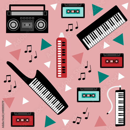 Seamless pattern with retro musical instruments and cassette tapes.