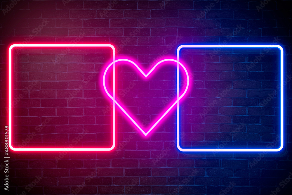 Love versus neon banner on brick wall background.