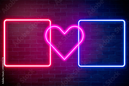 Love versus neon banner on brick wall background.