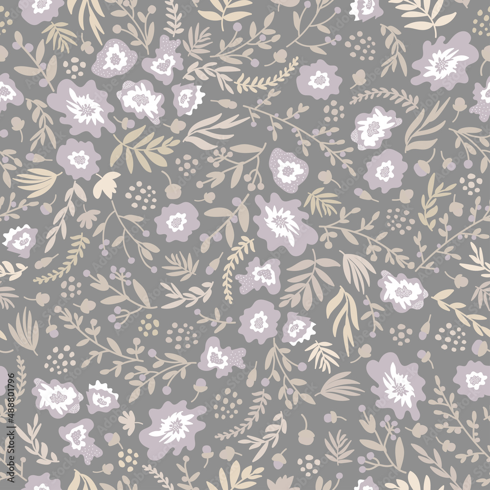 Fototapeta premium Seamless floral pattern in dusty purple, beige and gray. 