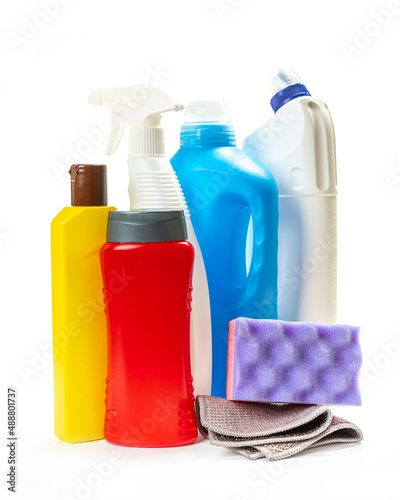 Cleaning bottles for different surfaces in kitchen, bathroom and other rooms. Spring regular cleanup.