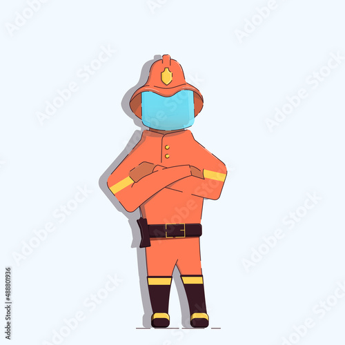 An illustration of a dark-skinned firefighter in boots and a safety helmet standing confidently with his arms crossed over his chest. The face is covered with glass. Vector. Isolated white background.