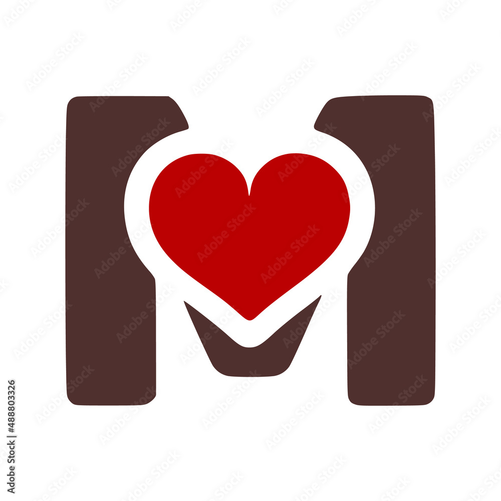 Letter m with heart symbol doodle icon