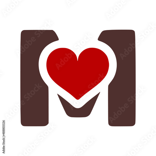Letter m with heart symbol doodle icon