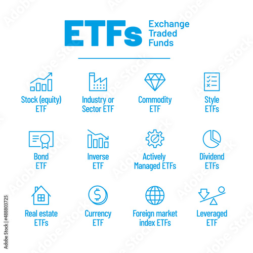 ETF Exchange Traded Funds vector infographic design. Trendy modern flat linear vector ETF icon, ETF collection, outline vector illustration
