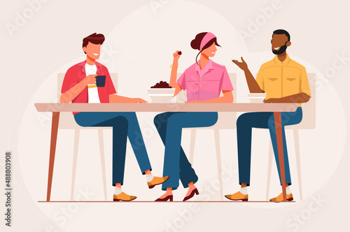 Young Man and Woman Sitting and Eating Together Vector Illustration, Friendly hangout vector concept