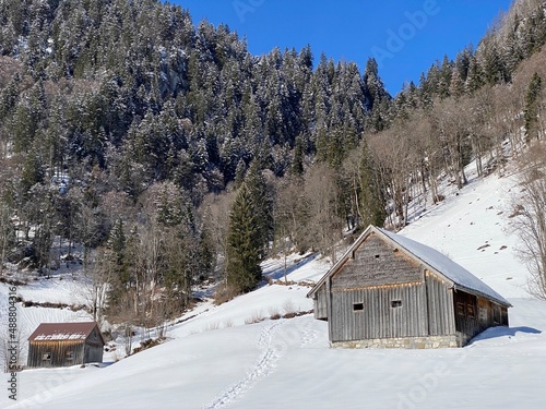 Indigenous alpine huts and wooden cattle stables on Swiss pastures covered with fresh white snow cover, Alt St. Johann - Obertoggenburg, Switzerland (Schweiz) © Mario