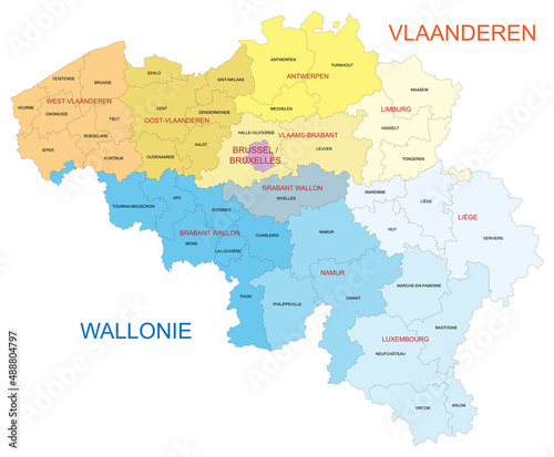 Carte de Belgique avec divisions par provinces et arrondissements - Libell  s en n  erlandais pour la Flandre et en fran  ais pour la Wallonie - textes vectoris  s et non vectoris  s sur calques s  par  s