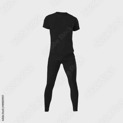 Black compression underwear mockup 3D rendering, men's t-shirt, tight pants, isolated on background.