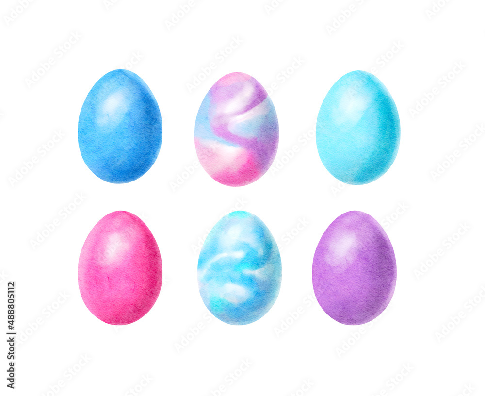 Watercolor Easter eggs set. Modern hand drawn spring illustration. Perfect for Easter greeting cards, invitation, stickers, digital scrapbook and other.