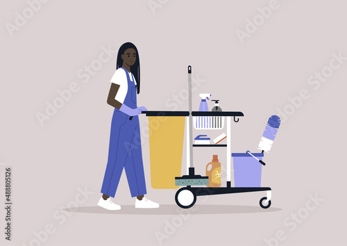 A young female African character in a uniform rolling a hotel cleaning service cart