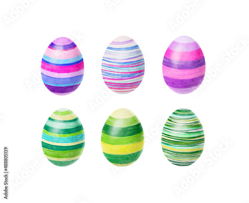 Happy Easter. Watercolor set of hand drawn colored Easter eggs isolated on white background. For greetings card design.