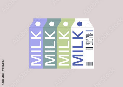A line of organic milk in carton packages, lactose-free, whole, skim, almond, and other kinds