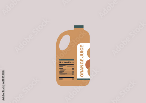 A gallon jug of a concentrated orange juice, a breakfast beverage