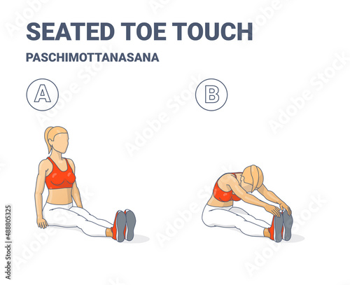 Seated Toe Touch. Forward Bend Woman Exercise. Paschimottanasana Girl Yoga Pose.