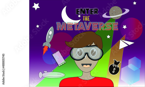 An illustration of metaverse technology with a cheerful boy wearing smart glasses