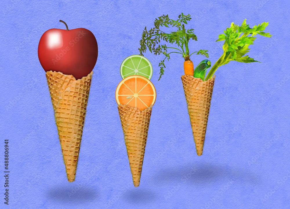 Cones for ice cream are instead filled with fruits and vegetables in a 3-d illustration about making healthy food choices. Cones for ice cream are instead filled with fruits and vegetables in a 3-d illustration about making healthy food choices.