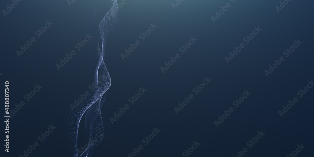Abstract digital wave technology with flowing particles. Connection dots and lines on dark background. beautiful technology corporate concept background, website landing page background.