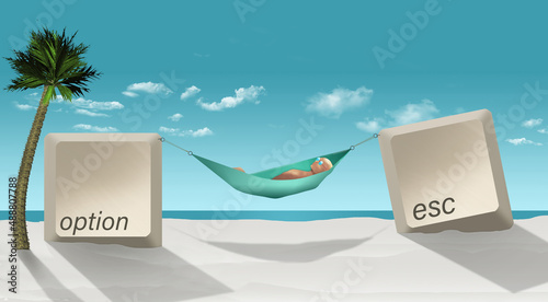 Photography This is a 3-d illustration show computer keys option and esc (escape) holding up the ends of a hammock containing a male office worker turned sunbather on a beach under a palm tree
