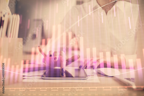 Double exposure of forex chart sketch hologram and woman holding and using a mobile device. Financial market concept.