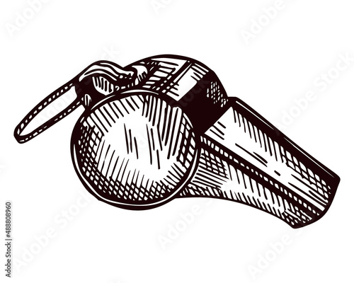 Sport whistle sketch isolated. Vintage element of referee in hand drawn style.