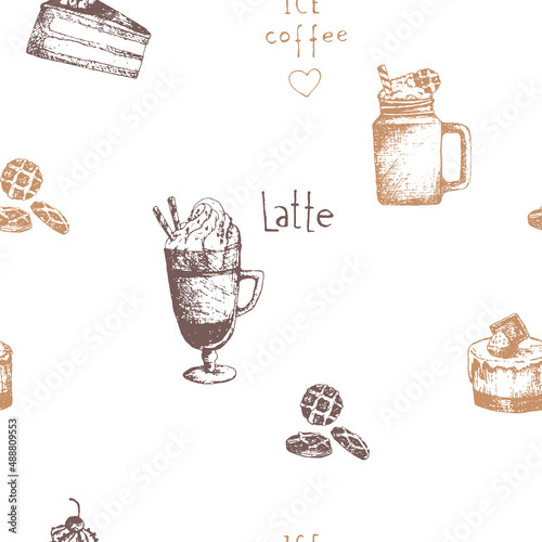 Coffee drinks latte, macchiato, iced coffee, cappuccino seamless pattern. Print for a coffee shop