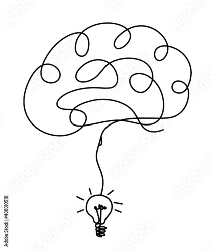 Man silhouette brain with light bulb as line drawing on white background