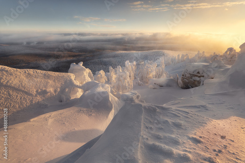 Sunrise magic. Mount Polud, Krasnovishersk, Perm krai, Russia