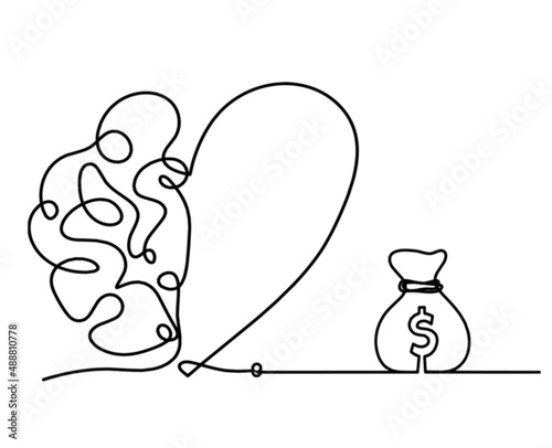 Man silhouette brain with dollar as line drawing on white background. Vector photo