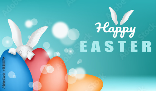 banner happy easter with egg full color and cute rabbit 3D