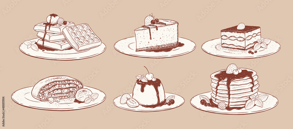 Vector illustration set of desserts on plates