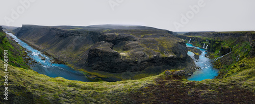 extraordinary canyon with blue glacial river in the icelandic highlands,
