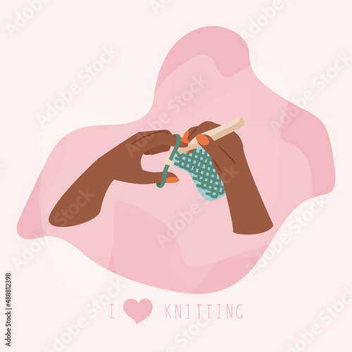 Woman crochet mittens. Handmade workshop. Tutorial for anyone. Concept of leisure time and hobby. Stay home and knit. Vector illustration
