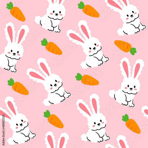 Rabbit seamless pattern bavkground vector illustration. Cute white rabbits with carrots on pink background. photo