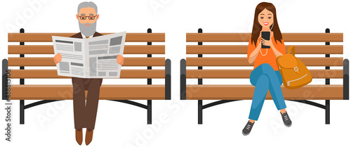 Old person reading newspaper and lady talking on phone. Daily publication, relax, young woman communicating, eldery man reading news. People sitting on benches get information from different sources