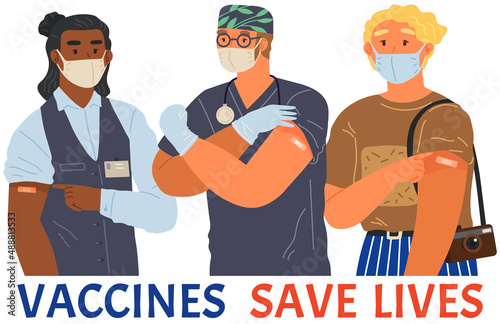 Stop coronavirus agitation concept. Vaccination promo, immunization of workers. Vaccine saves lives. People wearing protective mask showing their arm with bandage after receiving covid-19 vaccine