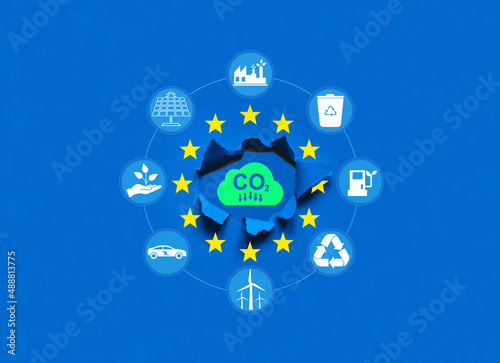 Union European is making a decarbonization program in the coming years to reduce CO2 emissions and develop sustainable energy. Decline in carbon dioxide emissions in Europe.  photo